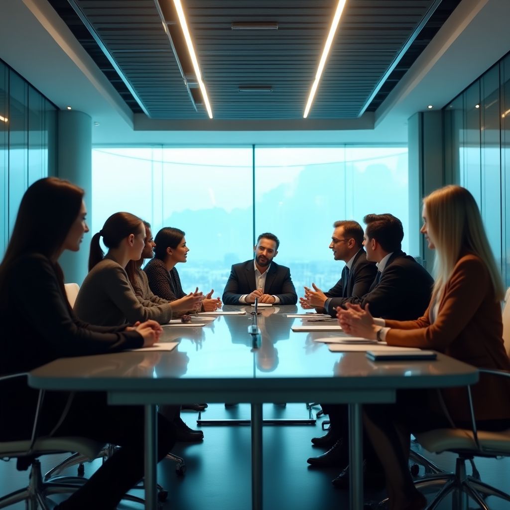 Reunión de negocios en una oficina moderna con vistas a la ciudad
